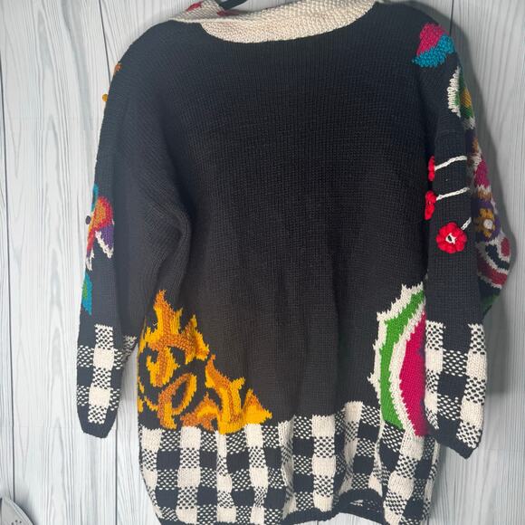 Vintage 80s/90s Hand Knit Chunky Floral Funky Gold Button Cardigan 2XL Jen Reed - Picture 3 of 9